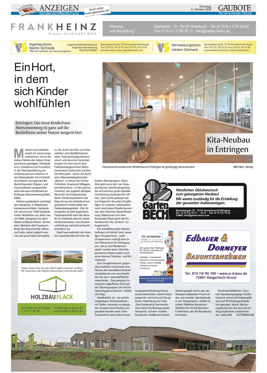 Holzbau-Flack Pressebericht Gäubote Kita Entringen am 06.10.2020